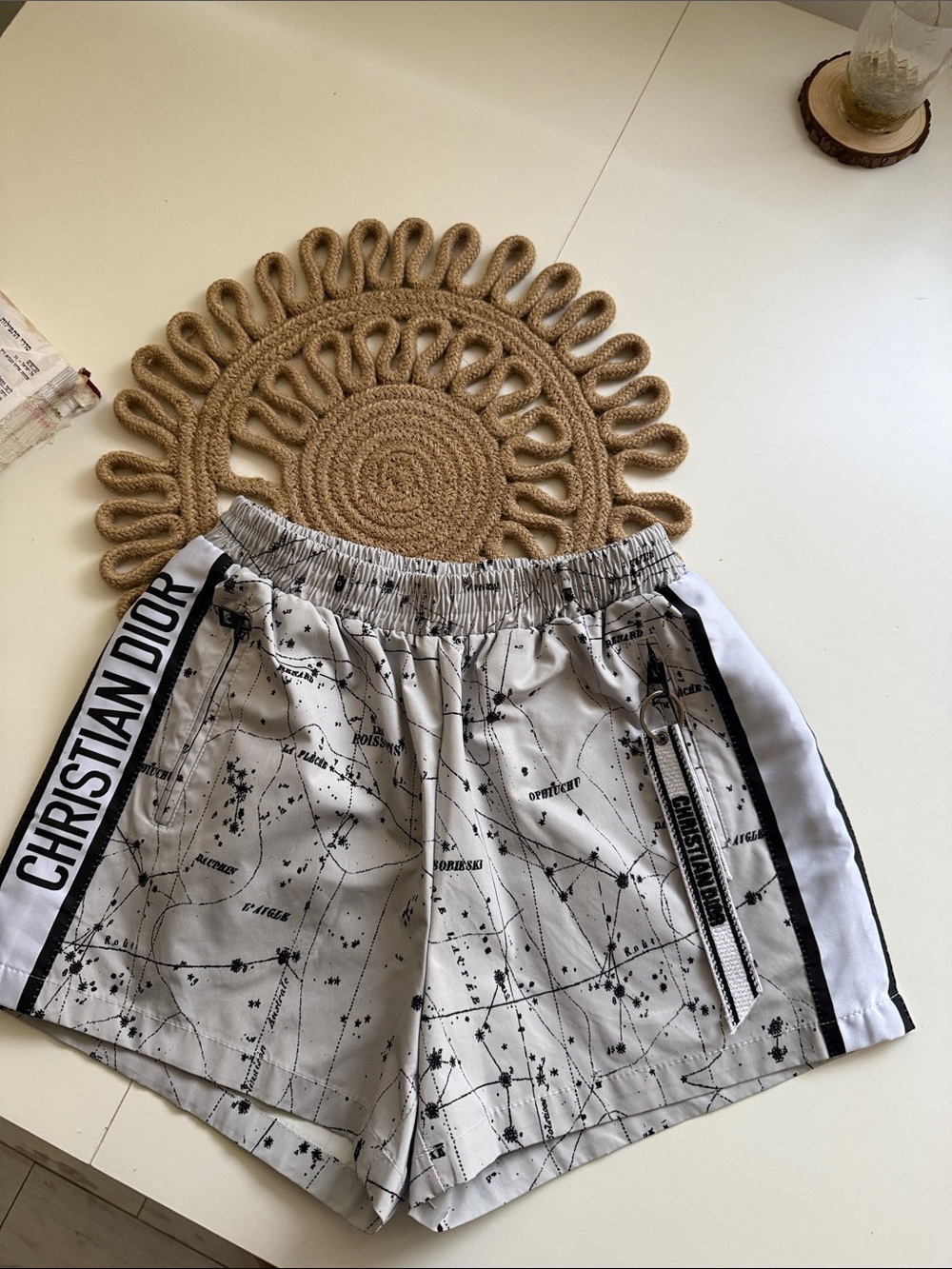 Dior White Shorts with Black Constellation Print and Logo Stripe